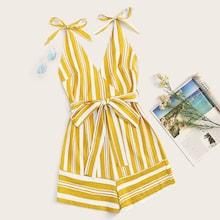 Romwe Striped Surplice Belted Cami Playsuit