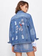 Romwe Embroidered Back Ripped Bleach Wash Denim Jacket