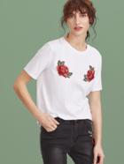 Romwe White Embroidered Rose Applique Short Sleeve T-shirt