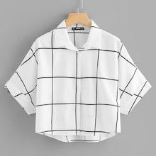 Romwe Rolled Sleeve Dip Hem Grid Shirt