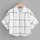 Romwe Rolled Sleeve Dip Hem Grid Shirt