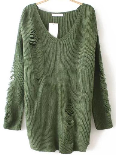 Romwe Army Green V Neck Ripped Sweater