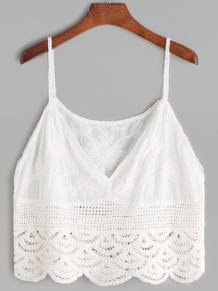 Romwe White Flower Embroidered Crochet Crop Cami Top