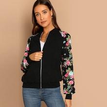 Romwe Floral Raglan Sleeve Zip Up Sweatshirt