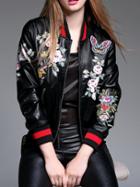Romwe Black Applique Pouf Elastic-waist Pu Jacket