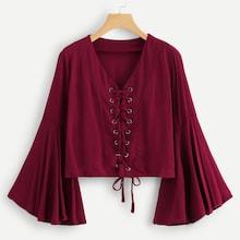 Romwe Flounce Sleeve Lace Up Blouse