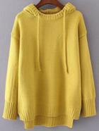 Romwe Yellow Drawstring Hooded Dip Hem Sweater
