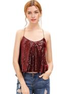 Romwe Red Criss Cross Sequined Cami Top