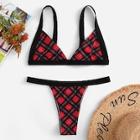 Romwe Plaid Triangle Top With Low Rise Bikini Set