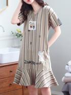 Romwe Cat Print Ruffle Hem Striped Dress