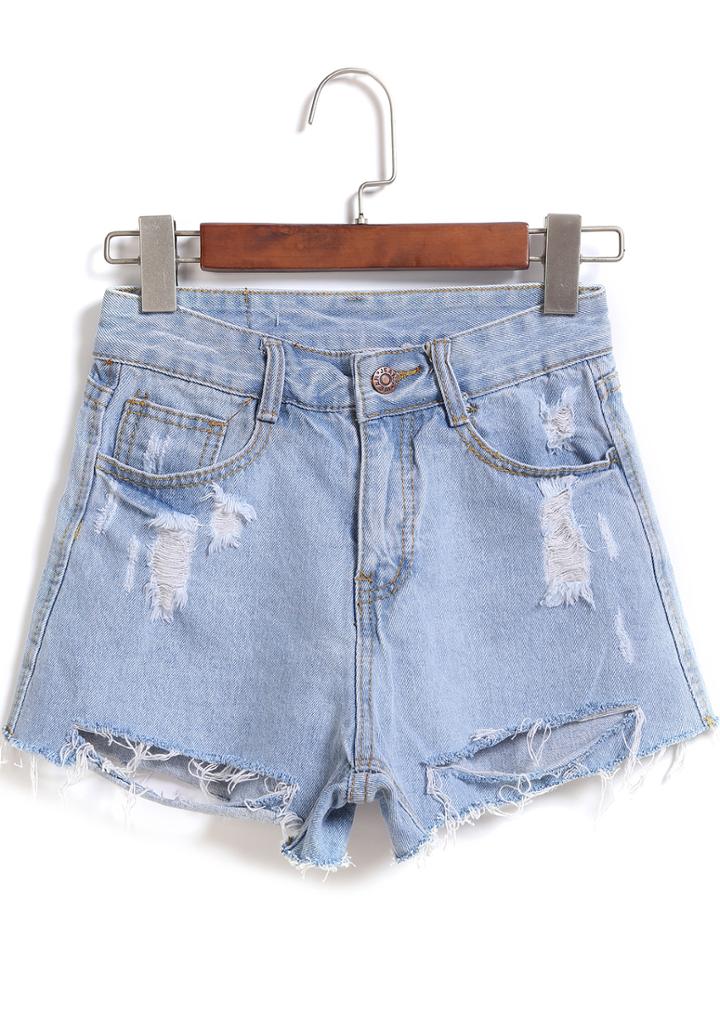 Romwe Light Blue Ripped Pockets Denim Shorts