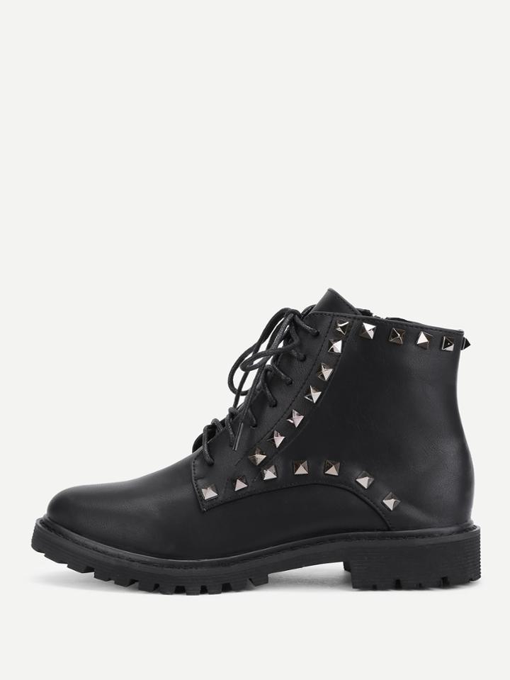 Romwe Rockstud Detail Lace Up Ankle Boots