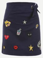 Romwe Navy Tie Waist Embroidered Patch Pencil Skirt