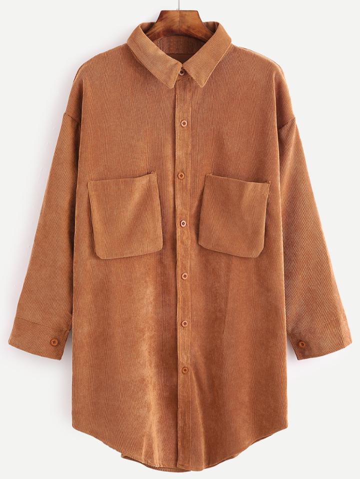 Romwe Khaki Corduroy Drop Shoulder Pockets Front Blouse