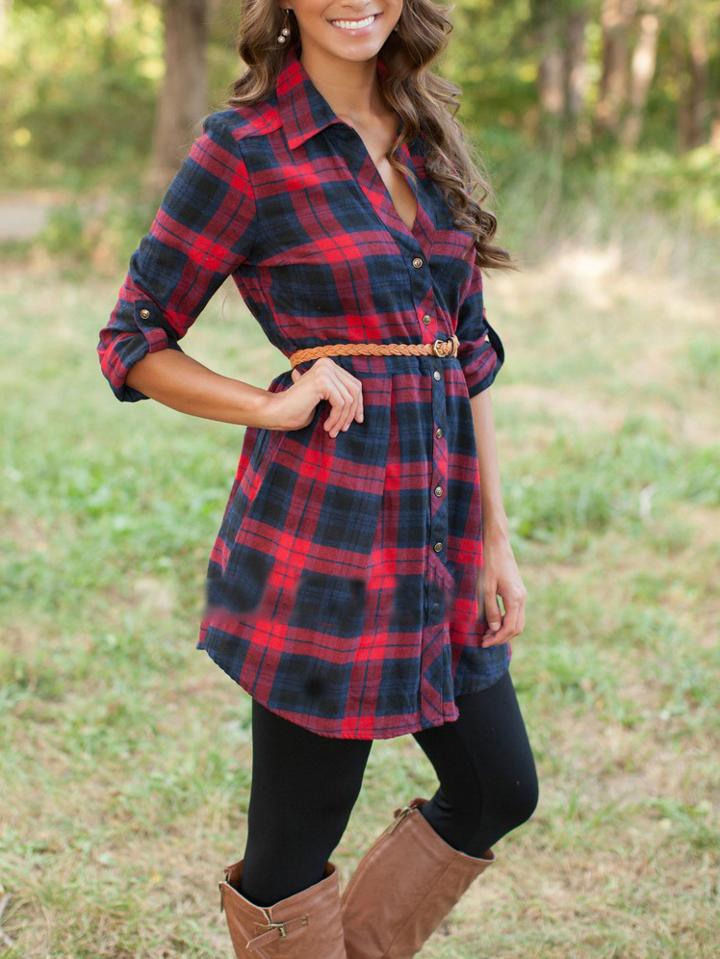 Romwe Red Blue Lapel Plaid Long Blouse
