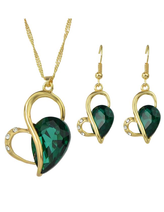 Romwe Green Rhinestone Heart Shape Wedding Jewelry Set