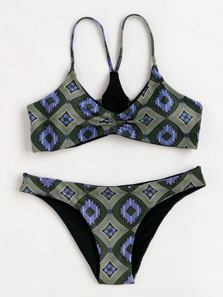Romwe Graphic Print Ladder Cutout Back Bikini Set