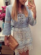Romwe Bell Sleeve Contrast Lace Hollow Denim Dress