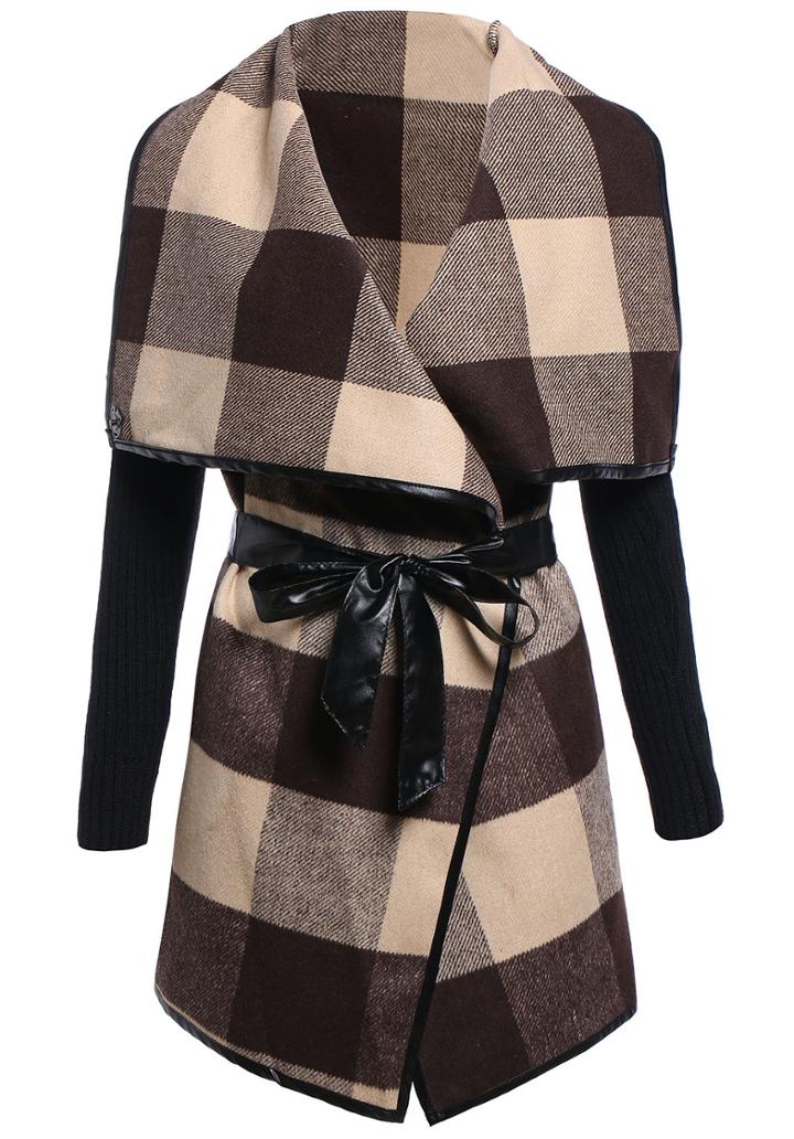 Romwe Check Print Contrast Trims Coat