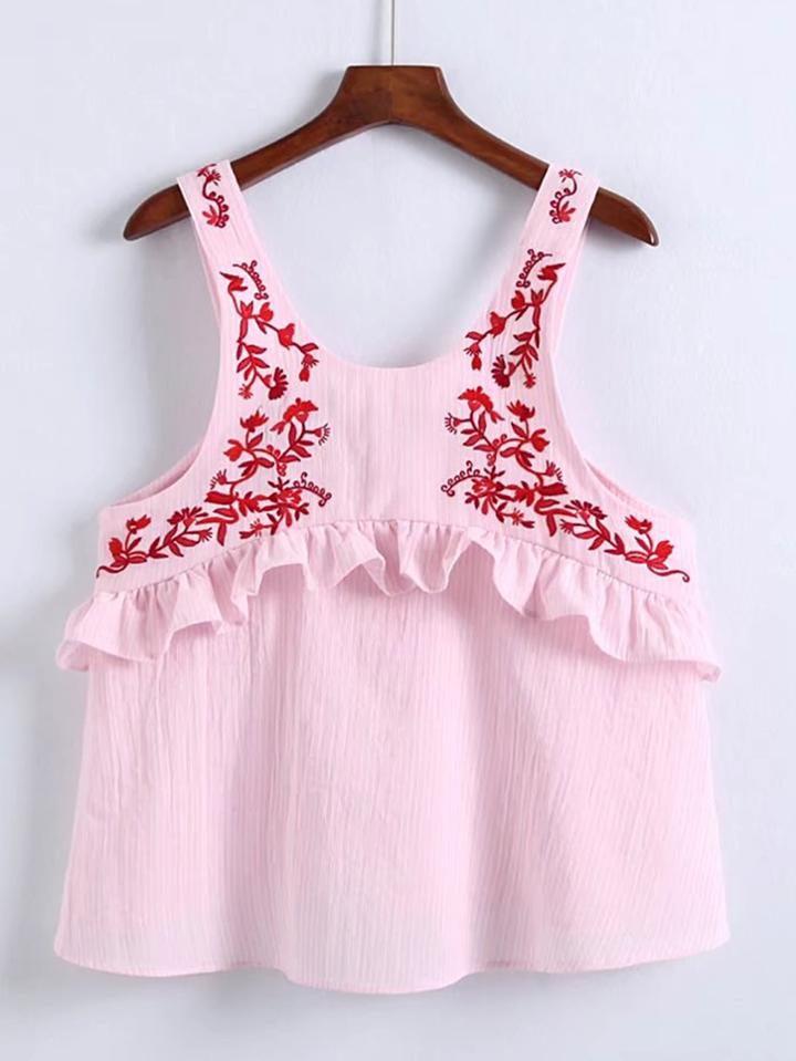 Romwe Flower Embroidery Frill Trim Tank Top