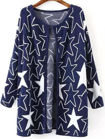 Romwe Long Sleeve Stars Print Blue Coat