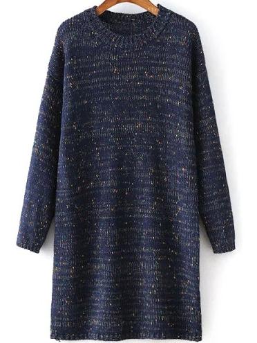 Romwe Women Round Neck Navy Sweater Dress