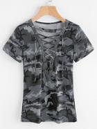 Romwe Camo Print Lace Up Front Tee