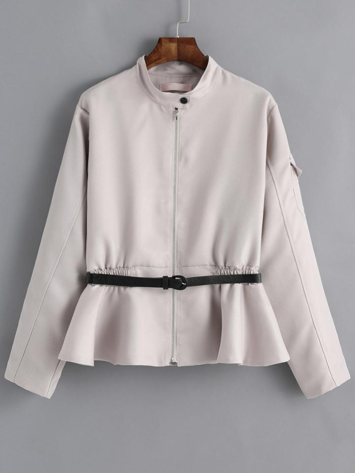 Romwe Stand Collar Pocket Peplum Hem Coat