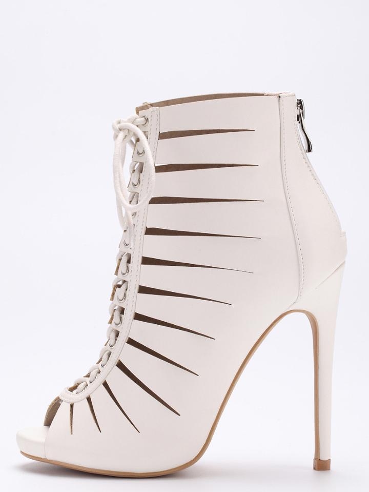 Romwe White Peep Toe Zipper Lace Up Stiletto Heels