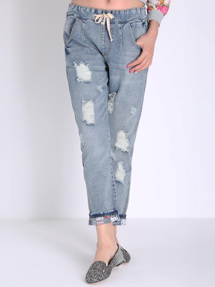 Romwe Drawstring Waist Ripped Denim Pant
