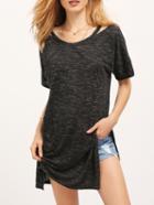 Romwe Black V Neck Strap Short Sleeve Split T-shirt
