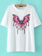 Romwe Round Neck Butterfly Embroidered T-shirt