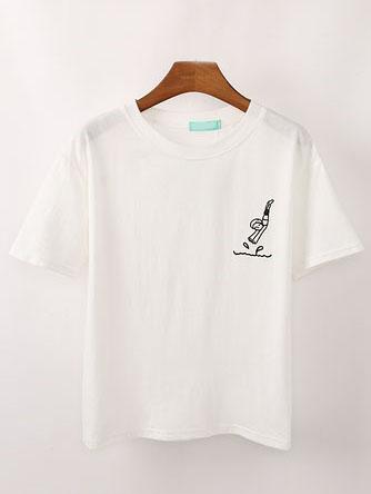 Romwe White Cartoon Embroidered T-shirt