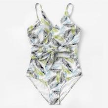 Romwe Plus Leaf Print Wrap Knot One Piece Swimsuit