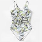Romwe Plus Leaf Print Wrap Knot One Piece Swimsuit