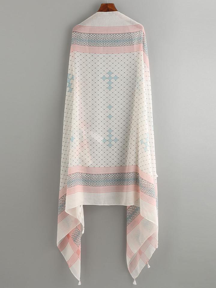 Romwe Tassel Trimmed Geometric Print Shawl - White