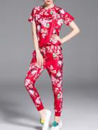 Romwe Red Floral Top With Elastic-waist Pants