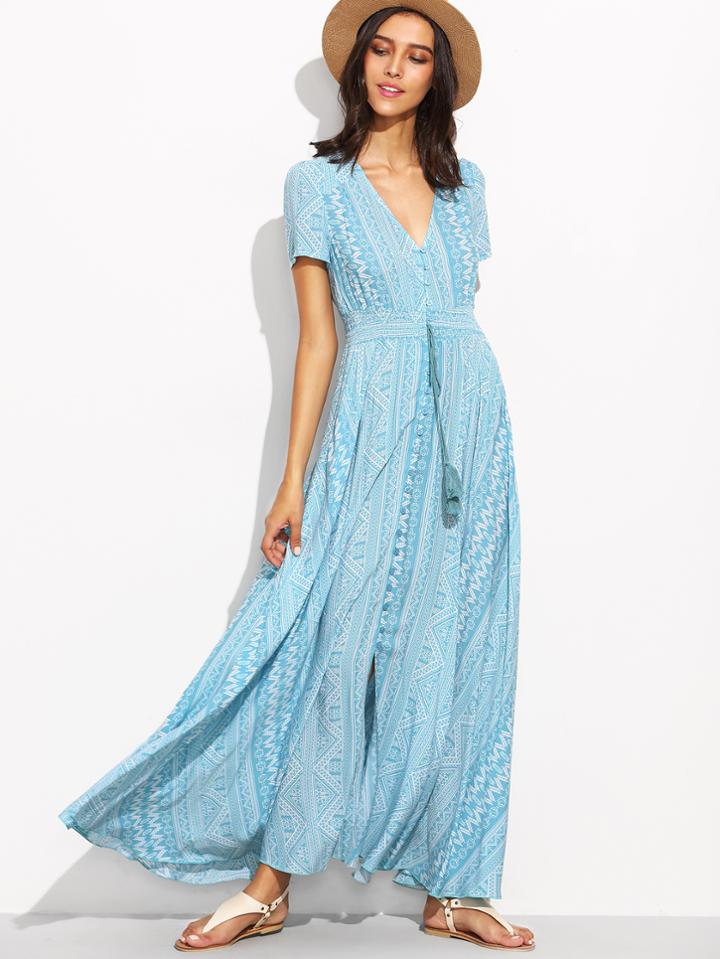 Romwe Blue Geometric Print V Neck Drawstring Button Front Dress