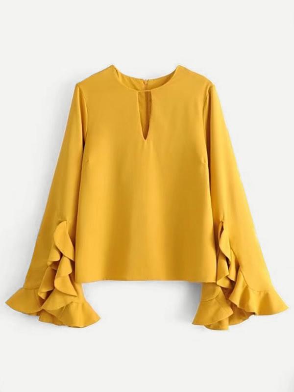 Romwe Flounce Sleeve Keyhole Blouse
