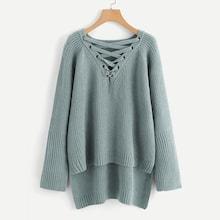 Romwe Plus Grommet Crisscross Step Hem Sweater