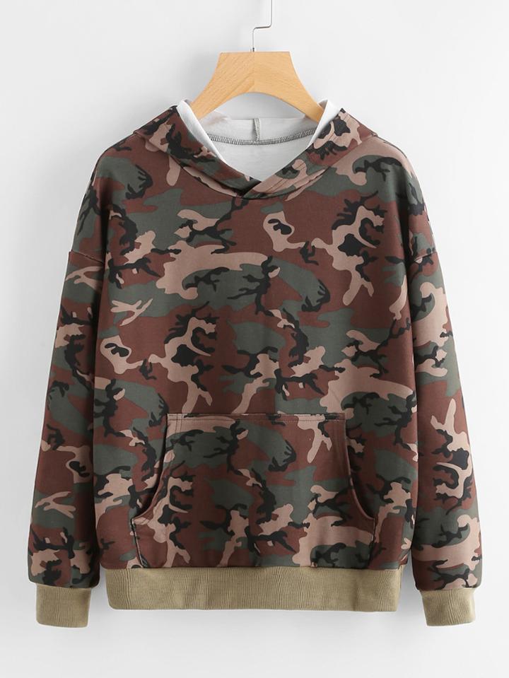 Romwe Camouflage Print Contrast Trim Kangaroo Pocket Hoodie