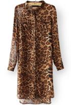 Romwe Yellow Stand Collar Leopard High Low Dress