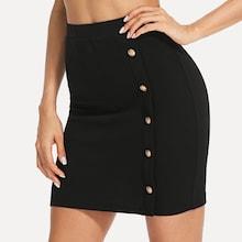 Romwe Gold Button Detail Bodycon Skirt