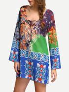 Romwe Deep V Neck Florals Lace Up Shirt Dress