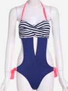 Romwe Multicolor Striped Crossover Front Tie Side One Piece Swimwear