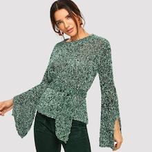 Romwe Split Flounce Sleeve Tie Waist Ripped Sweater