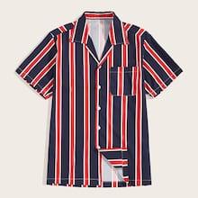 Romwe Guys Stripe Print Notched Shirt