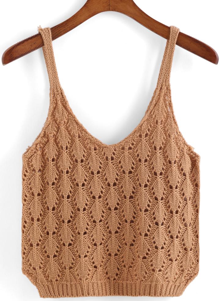 Romwe Spaghetti Strap Hollow Knit Brown Cami Top