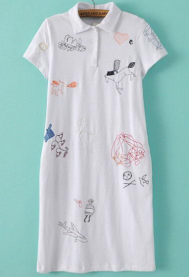 Romwe White Lapel Cartoon Embroidered Dress