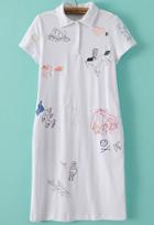 Romwe White Lapel Cartoon Embroidered Dress